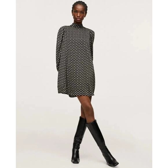 NWOT Mango Tie Back Printed Dress with Balloon Sleeves Black White Geo US 10 - Picture 1 of 11
